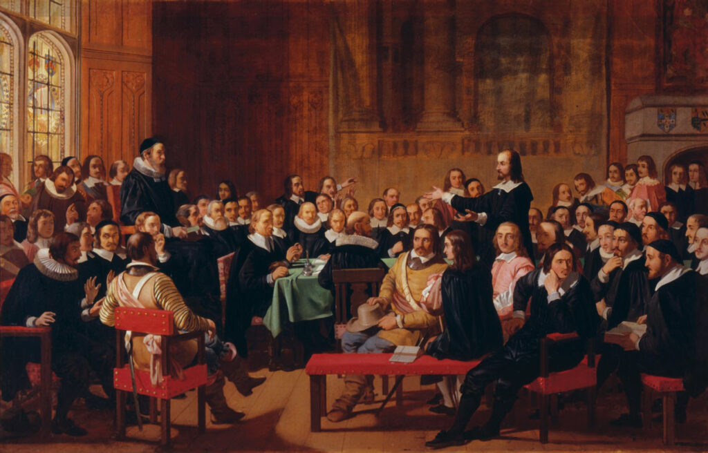 A painting by John Rogers Herbert depicting a particularly controversial speech before the Assembly by Philip Nye against Presbyterian church government.